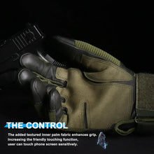 Load image into Gallery viewer, Full-finger tactical gloves with knuckle reinforcement holding a tactical item, highlighting grip-enhancing textured palm.
