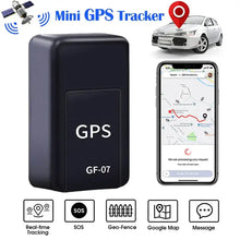 Load image into Gallery viewer, eThings GF-07 GPS Car Tracker with real-time tracking, compact design, magnetic mounting, and app interface displayed on smartphone.
