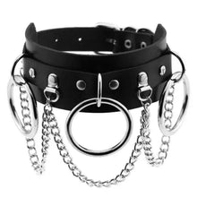 Load image into Gallery viewer, Black leather choker necklace with silver rings and chains, featuring a round pendant for a bold, edgy style.
