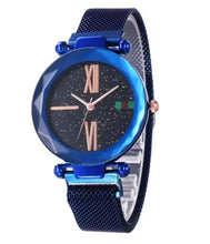 Load image into Gallery viewer, Galaxy Starsa Watch with 35MM dial, 220MM strap length, 16MM strap width, sleek blue design, starry dial, and Roman numeral markers.

