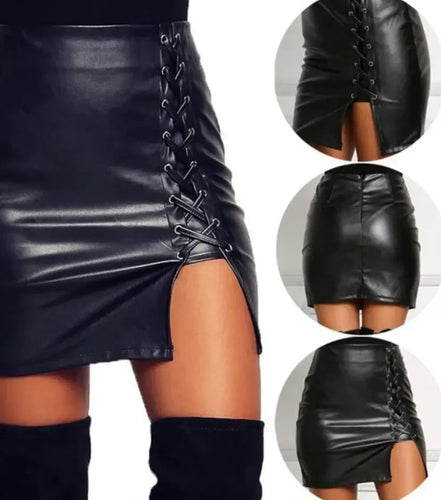 Belted vegan leather high-slit skirt, edgy design with lace-up detail, showcasing bold fashion statement.