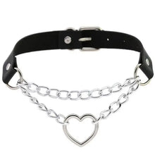 Load image into Gallery viewer, Heart charm black leather choker with silver chain detailing
