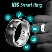 Load image into Gallery viewer, eThings NFC Smart Ring with waterproof technology and icons representing connectivity features on a hand.
