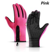 Cargar imagen en el visor de la galería, Pink waterproof winter gloves designed for smartphone touch, featuring moisture protection and warmth for cold conditions.
