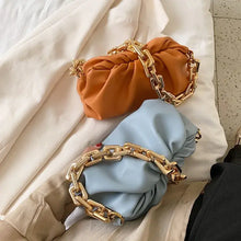 Load image into Gallery viewer, Soft Leather Women&#39;s Cloud Bags in orange and blue with gold chain handles on a stylish background.
