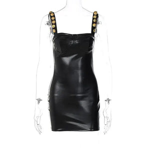 Elegant Sleeveless PU Leather Mini Dress - Vegan Leather - Imported, Black / Medium