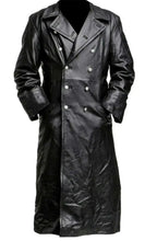 Load image into Gallery viewer, Black vegan leather trench coat with button closure and lapel collar. Stylish and warm winter coat for men and women.
