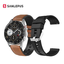 Load image into Gallery viewer, Business smartwatch with brown leather and black silicone straps, featuring a sleek round face and smart technology integration.
