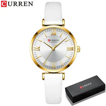 Load image into Gallery viewer, Women&#39;s classic leather watch with white strap and gold-tone clockface, featuring quartz movement and water resistance, from Curren.
