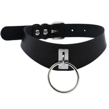 Load image into Gallery viewer, Black leather choker with round silver pendant, adjustable strap.
