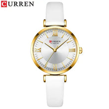 Load image into Gallery viewer, Classic Clock Leather Watch with white leather strap and gold casing, featuring a quartz movement and water-resistant design for women.
