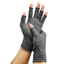 Load image into Gallery viewer, Grey compression arthritis gloves providing hand pain relief and wrist support, ideal for joint therapy and daily comfort.
