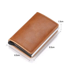 Load image into Gallery viewer, Compact anti-theft wallet in brown vegan leather with RFID/NFC protection, measuring 9.5cm x 6.5cm x 1.5cm, featuring durable craftsmanship.

