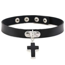 Load image into Gallery viewer, Black leather choker with metal cross pendant and snap closures, stylish and modern accessory.
