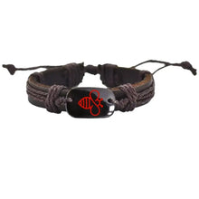 Cargar imagen en el visor de la galería, Adjustable leather bracelet with red bee motif on black plate, featuring multiple braided strands and tie closure for a stylish accessory.
