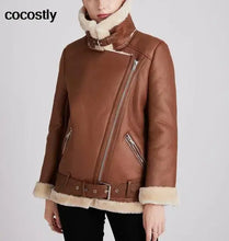 Load image into Gallery viewer, Woman wearing cocostly brown faux leather fur coat with zipper and belt
