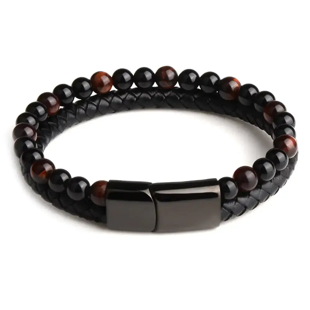 Natural stone accent leather bracelet with black beads, elegant design for sophisticated style.