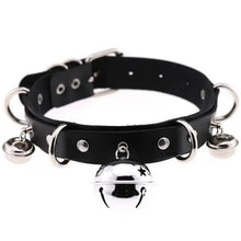Load image into Gallery viewer, Black leather choker with silver rings and bell accents, stylish and edgy accessory for modern fashion.
