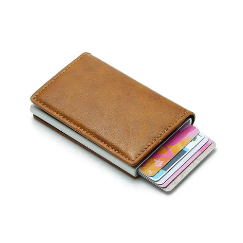 Vegan leather credit card holder for men, RFID-blocking, brown, holding multiple cards, minimalistic design, imported.