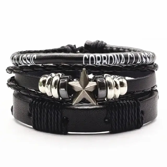 Men's leather bracelets with star charm, rugged design, ideal for casual and formal wear, adding a touch of sophistication.