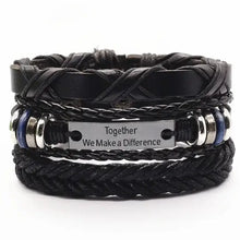 Load image into Gallery viewer, Black leather bracelets and bangles for men with &quot;Together We Make a Difference&quot; engraved, showcasing rugged sophistication.
