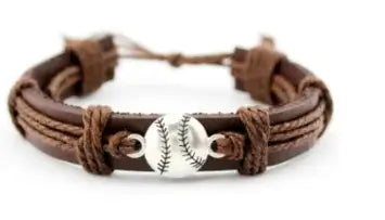 Sports charm leather bracelet with baseball accent, showcasing athletic style and versatility for casual or sports events.