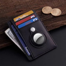 Load image into Gallery viewer, Minimalist vegan leather card wallet with multiple card slots and cash, displayed on rustic wood with coins.
