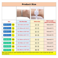 Load image into Gallery viewer, Size chart for Apple Watch bands showing wrist sizes and band length in millimeters for models 38/40/41mm and 42/44/45mm.
