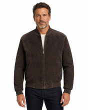 Cargar imagen en el visor de la galería, REED Men's Baseball Suede Leather Jacket on model, showcasing durable suede and classic styling for fall and spring wear.
