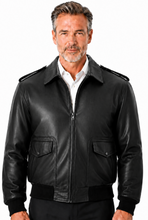Charger l'image dans la galerie, REED Men's Black Bomber Leather Jacket, genuine leather, Union made in USA, classic design, durable naked cow leather, luxury fashion.
