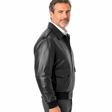 Charger l'image dans la galerie, REED Men's Bomber Leather Jacket made in USA, classic design with durable naked cow leather, worn by a model, showcasing quality craftsmanship.
