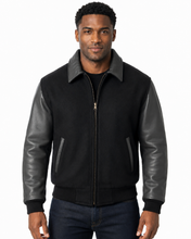 Load image into Gallery viewer, REED Men's Executive Varsity Jacket with cowhide leather sleeves and wool body, union-made in the USA, worn by a model.
