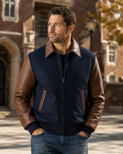 Load image into Gallery viewer, REED Men's Executive Varsity Jacket with leather cowhide sleeves and wool body, union made in USA, worn by male model.
