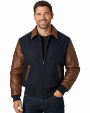 Load image into Gallery viewer, REED Men's Executive Varsity Jacket with cowhide leather sleeves and wool body, union-made in the USA, worn by a model.
