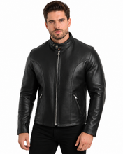 Load image into Gallery viewer, REED Men's Premium Leather Motorcycle Jacket, Black, made in USA, featuring naked cow leather 
