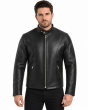 Load image into Gallery viewer, REED Men's Premium Leather Motorcycle Jacket, Black, made in USA, featuring naked cow leather 
