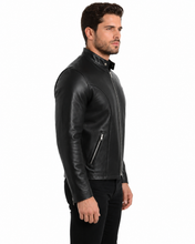 Load image into Gallery viewer, REED Men's Premium Leather Motorcycle Jacket, Black, made in USA, featuring naked cow leather and adjustable side buckle for bikers.

