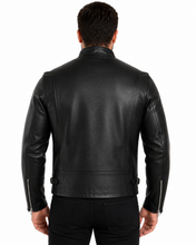 Load image into Gallery viewer, REED Men's Premium Leather Motorcycle Jacket, Black, made in USA, featuring naked cow leather and adjustable side buckle for bikers.
