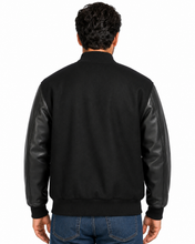 Cargar imagen en el visor de la galería, REED Men's back of  Premium Varsity Black Leather Wool Jacket, stylish and warm, made in USA
