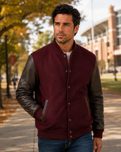 Cargar imagen en el visor de la galería, REED Men's Premium Varsity Leather Wool Jacket, stylish and warm, made in USA
