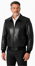 Charger l'image dans la galerie, REED Men's black Bomber Leather Jacket, Union Made in USA, Classic Style, Durable Naked Cow Leather, Model Wearing Jacket Side View
