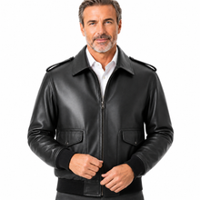 Charger l'image dans la galerie, REED Men's black classic Bomber Leather Jacket, Union Made in USA, Classic Style,  Model Wearing Jacket 

