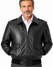 Charger l'image dans la galerie, REED Men's black classic Bomber Leather Jacket, Union Made in USA, Classic Style,  Model Wearing Jacket Side View
