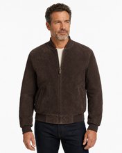 Cargar imagen en el visor de la galería, REED Men's brown Baseball Suede Leather Jacket on model, showcasing durable suede and classic styling for fall and spring wear.
