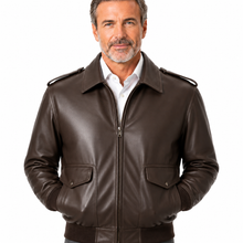 Charger l'image dans la galerie, REED Men's brown classic Bomber Leather Jacket, Union Made in USA, Classic Style,  Model Wearing Jacket Side View
