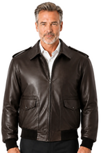 Charger l'image dans la galerie, REED Men's brown classic Bomber Leather Jacket, Union Made in USA, Classic Style,  Model Wearing Jacket Side View
