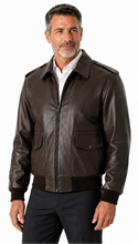 Charger l'image dans la galerie, REED Men's brown cow Bomber Leather Jacket, Union Made in USA, Classic Style, Durable Naked Cow Leather, Model Wearing Jacket Side View
