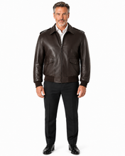 Charger l'image dans la galerie, REED Men's brown skin Bomber Leather Jacket, Union Made in USA, Classic Style,  Model Wearing Jacket Side View
