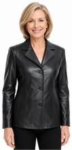 Charger l'image dans la galerie, REED Women's 27'' Misses Fit black three button leather jacket made from imported lamb shown worn by model.
