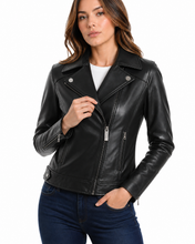 Charger l'image dans la galerie, REED Women's Black Lambskin Leather Biker Jacket, imported, classic motorcycle style, premium quality, 100% genuine leather.
